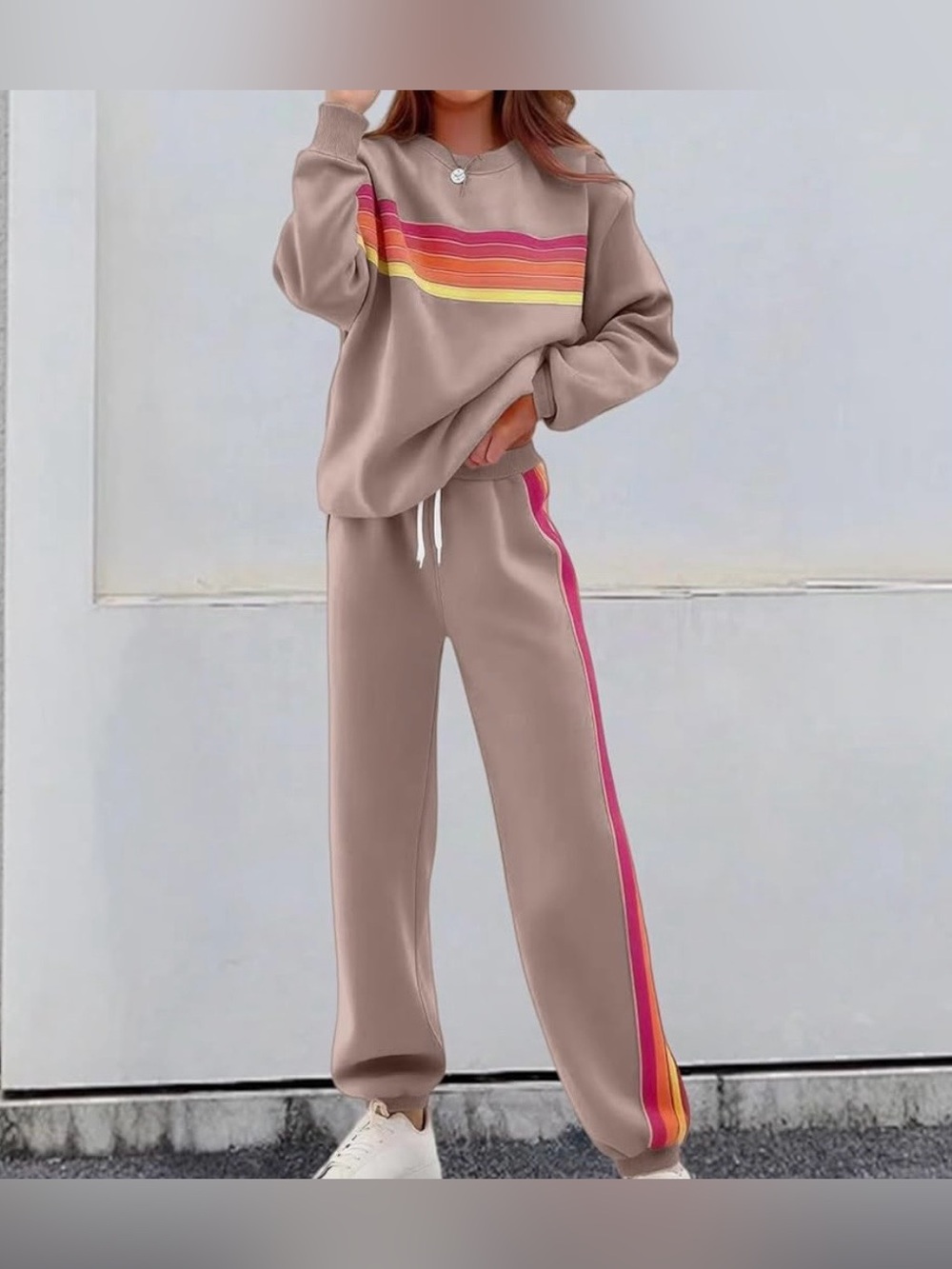 Women's Taupe Wide-Leg Sweatpants with Pink Side Stripe